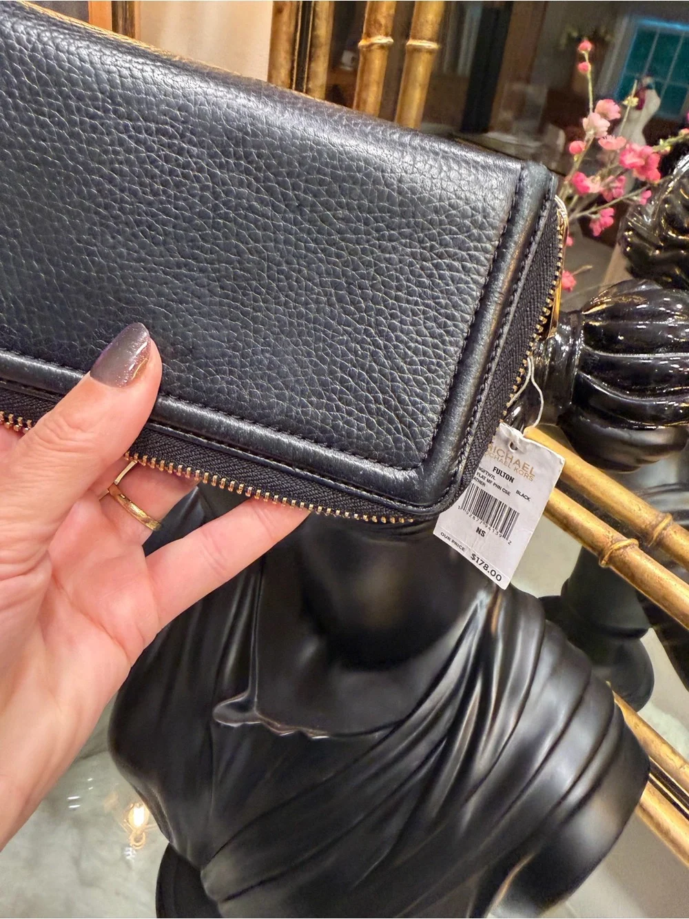 Michael Kors NWT Black Pebbled Leather Wristlet Wallet gold hardware $178 MSRP